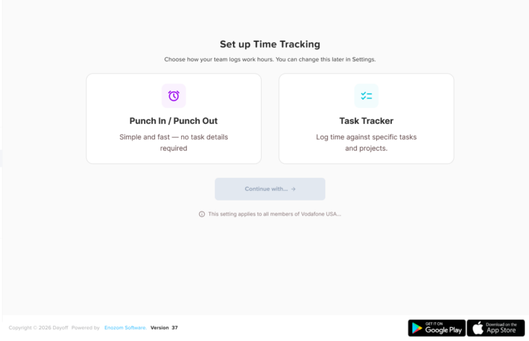 Time tracking interface in Day Off showing work hours, shifts and employee time logs – Day OffDay Off