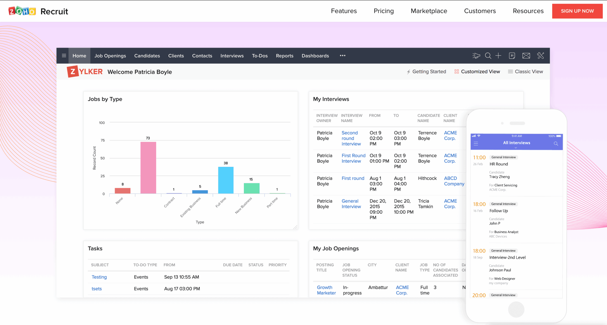 Screenshot of Zoho Recruit applicant tracking system dashboard showing job openings by type, interview schedules, tasks, and recruitment pipeline.