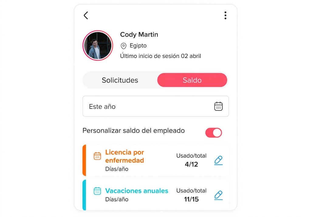 Captura de pantalla de Day Off mostrando el saldo de permisos del empleado Cody Martin con licencia por enfermedad (4/12 días) y vacaciones anuales (11/15 días)