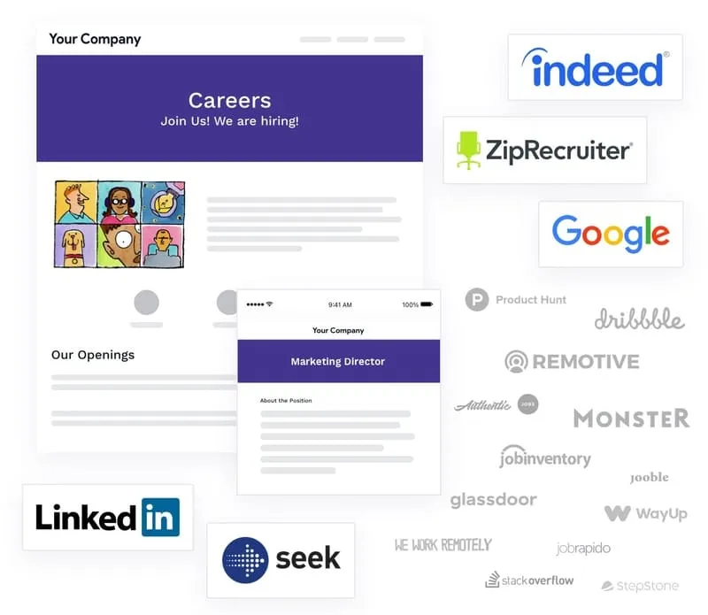 Screenshot of BreezyHR recruiting software showing a company careers page with job board distribution to Indeed, ZipRecruiter, Google, and other platforms.