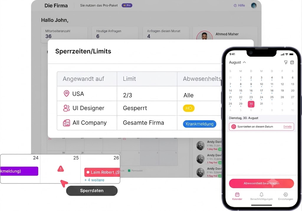 Ein kombiniertes Desktop- und Mobil-Interface einer deutschen HR-Software, das die Verwaltung von Mitarbeiter-Abwesenheiten und das Festlegen von Sperrzeiten und Limits zeigt.