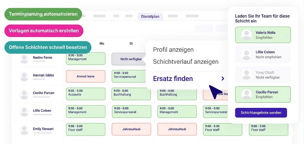 Screenshot des Day Off Schichtplanungs-Dashboards mit Optionen zum automatischen Planen, Erstellen von Vorlagen und schnellen Besetzen offener Schichten.