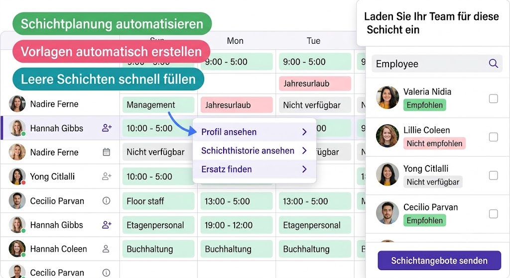 Ein Screenshot einer digitalen Schichtplanungs-Software mit farbigen Hinreisen und Menüs auf Deutsch. Oben links befinden sich drei abgerundete Textfelder in Grün, Pink und Blau mit den Aufschriften „Schichtplanung automatisieren“, „Vorlagen automatisch erstellen“ und „Leere Schichten schnell füllen“. Im Hintergrund ist ein tabellarischer Schichtplan mit Mitarbeitern, Zeiten und Statusmeldungen wie „Jahresurlaub“ oder „Nicht verfügbar“ zu sehen. Ein geöffnetes Kontextmenü in der Mitte zeigt die Optionen „Profil ansehen“, „Schichthistorie ansehen“ und „Ersatz finden“. Auf der rechten Seite blendet sich ein weißes Fenster ein mit der Überschrift „Laden Sie Ihr Team für diese Schicht ein“, einer Suchleiste für Mitarbeiter und einer Liste von Kontakten, die als „Empfohlen“, „Nicht empfohlen“ oder „Nicht verfügbar“ markiert sind. Unten rechts befindet sich eine violette Schaltfläche mit der Aufschrift „Schichtangebote senden“.