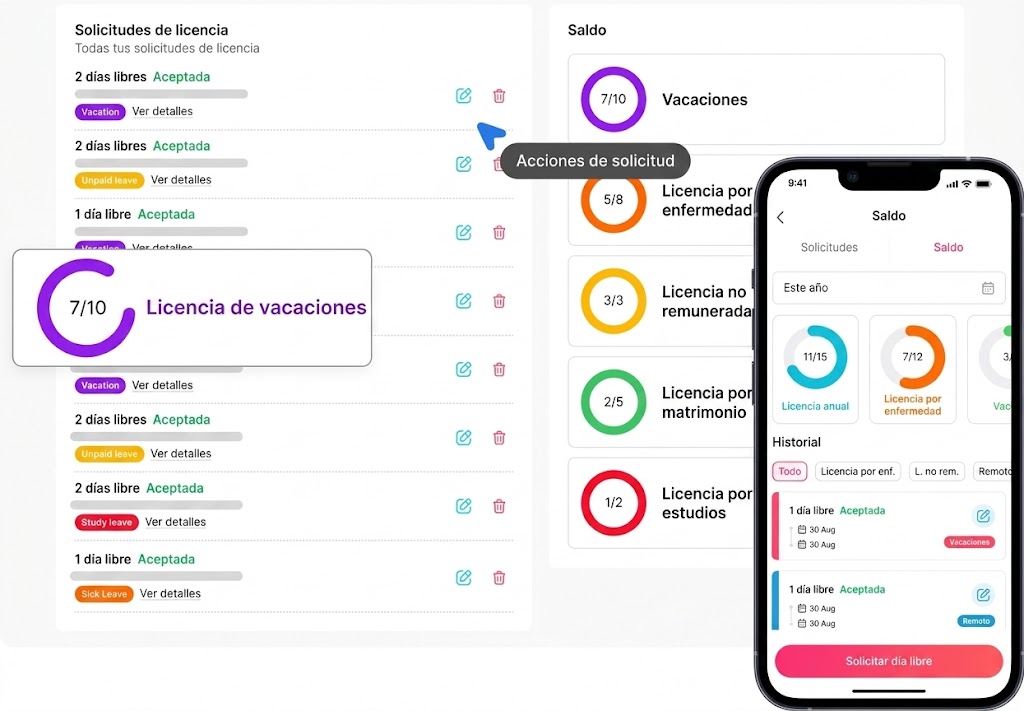 Gráfico promocional para el software "Day Off". A la izquierda, un texto grande y claro que dice "Day Off Request Tracking" y "KEEP LEAVE ORGANIZADO", junto con una descripción en español de los beneficios de la gestión simplificada de licencias, la reducción de conflictos y la transparencia. A la derecha, grandes formas geométricas rojas enmarcan dos fotografías en blanco y negro de oficinas modernas con empleados trabajando en computadoras. El logotipo de "Day Off" y la URL "Day-Off.app" son visibles.