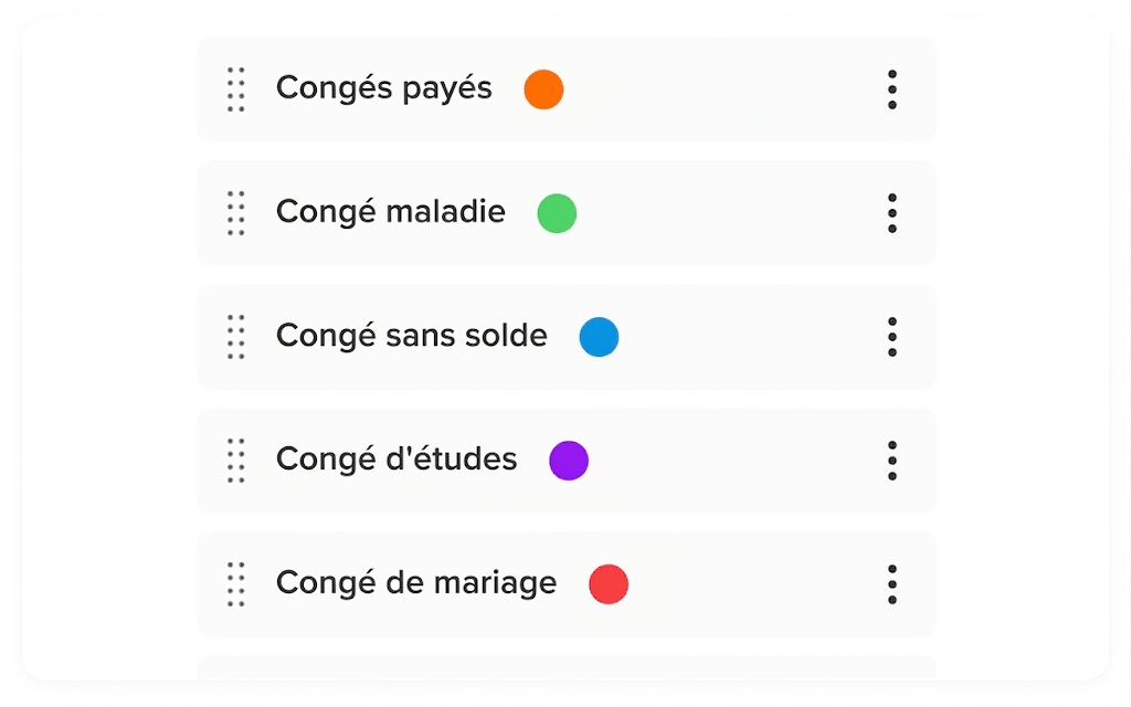 French leave type management interface listing Congés payés, Congé maladie, Congé sans solde, Congé d'études, and Congé de mariage, each with a color-coded dot.