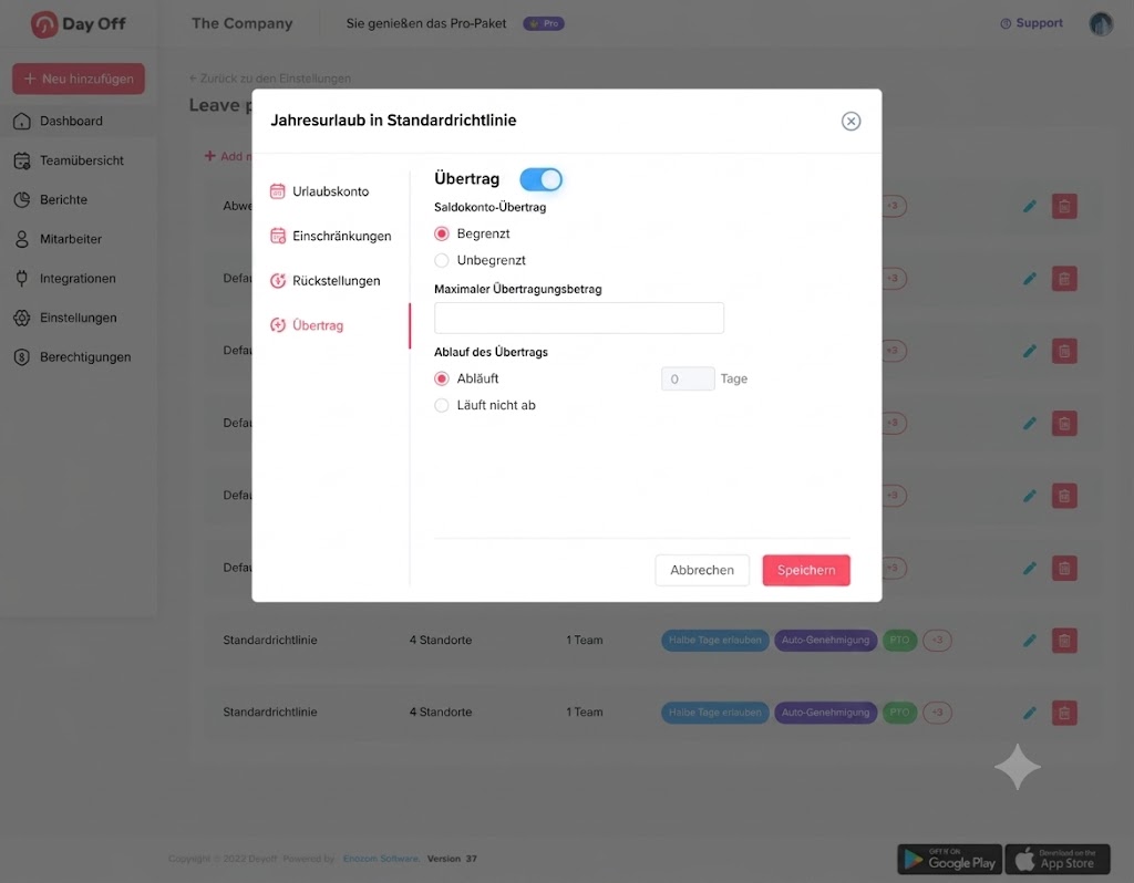 Ein Screenshot der HR-Software „Day Off“, der ein Einstellungsfenster für den Jahresurlaub zeigt. In der geöffneten Registerkarte „Übertrag“ sind Optionen zu sehen, mit denen sich festlegen lässt, ob Resturlaub begrenzt ist, wie viele Tage maximal übernommen werden dürfen und wann diese verfallen.