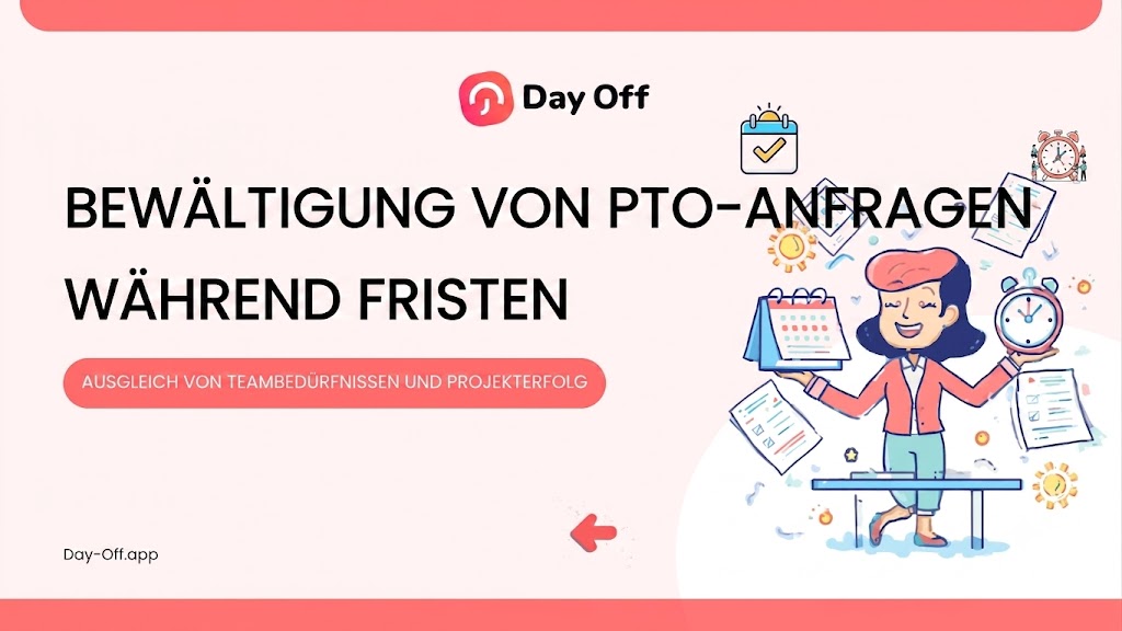 Wie man PTO-Anträge während Projekt-Deadlines verwaltet 10 Eine Grafik mit deutschem Text und einer Illustration, die erklärt, wie man PTO-Anfragen (bezahlte Freistellung) während wichtiger Fristen verwaltet. Der deutsche Text lautet: „BEWÄLTIGUNG VON PTO-ANFRAGEN WÄHREND FRISTEN“ und „AUSGLEICH VON TEAMBEDÜRFNISSEN UND PROJEKTERFOLG“. Ein Cartoon zeigt eine Frau, die mit Kalendern, Uhren und Dokumenten jongliert, alles im Markenstil von „Day Off“.