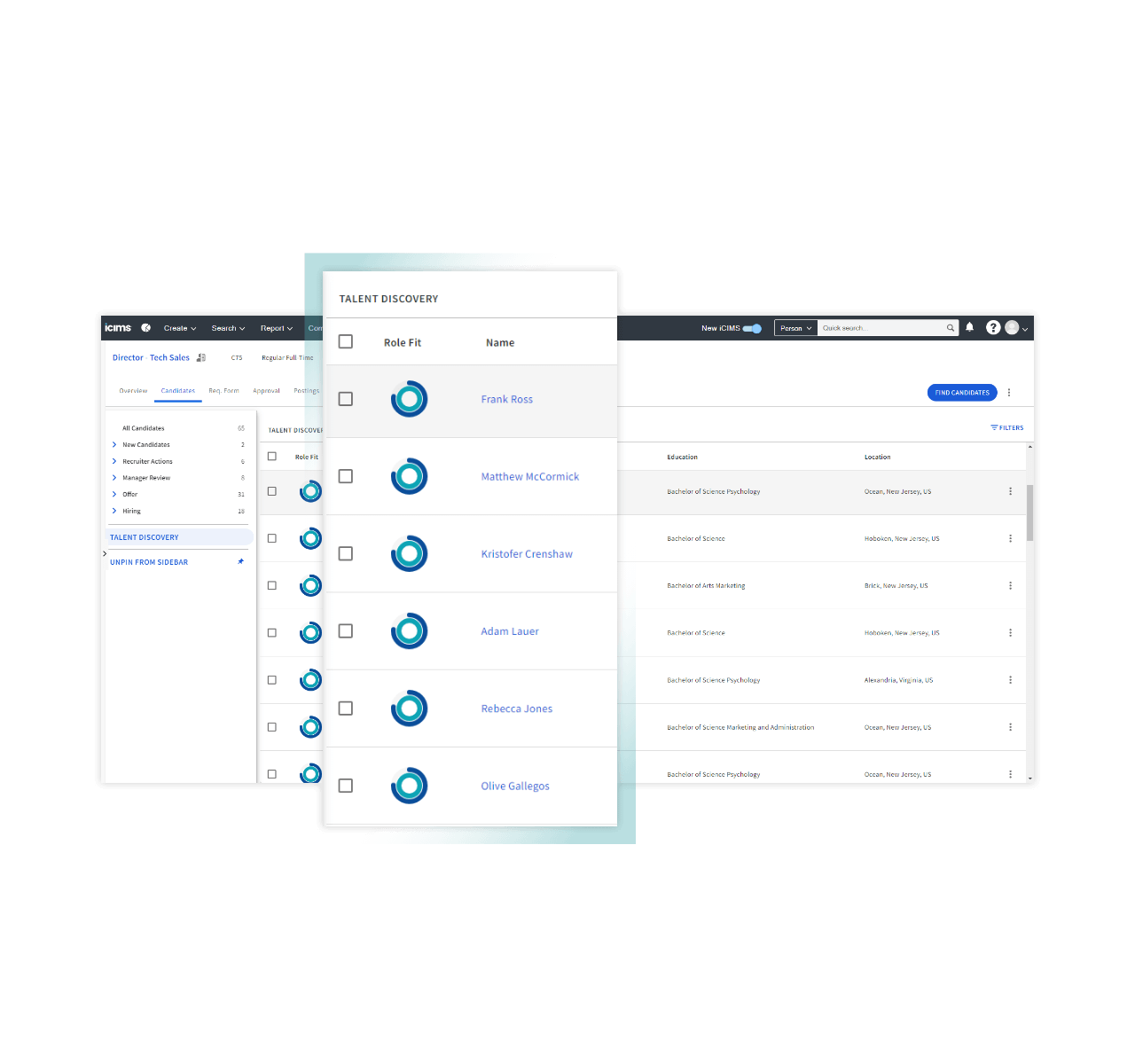 iCIMS recruiting software dashboard showing the Talent Discovery feature with candidate listings for a Tech Sales position