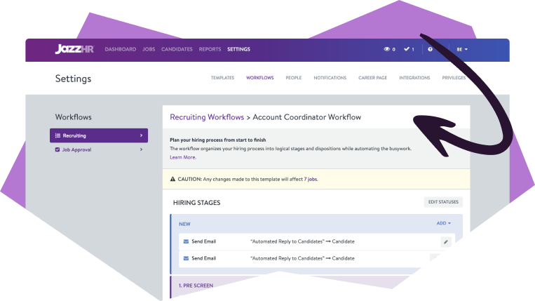 Screenshot of JazzHR recruiting software settings page showing the Recruiting Workflows feature with hiring stages and workflow automation options