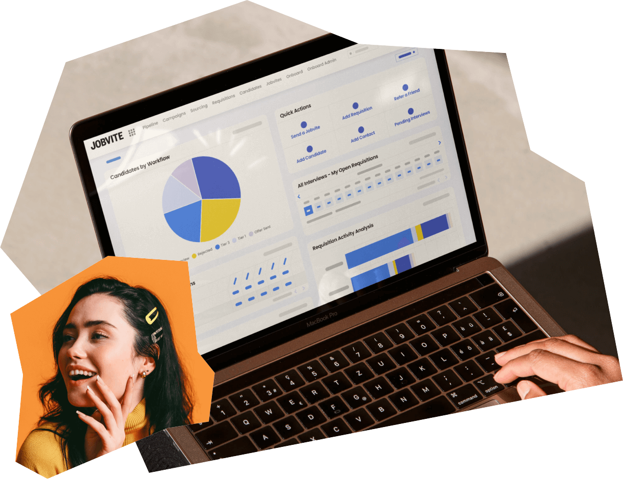 Jobvite recruiting software dashboard on a tablet showing candidates by workflow chart, quick actions, and open requisitions