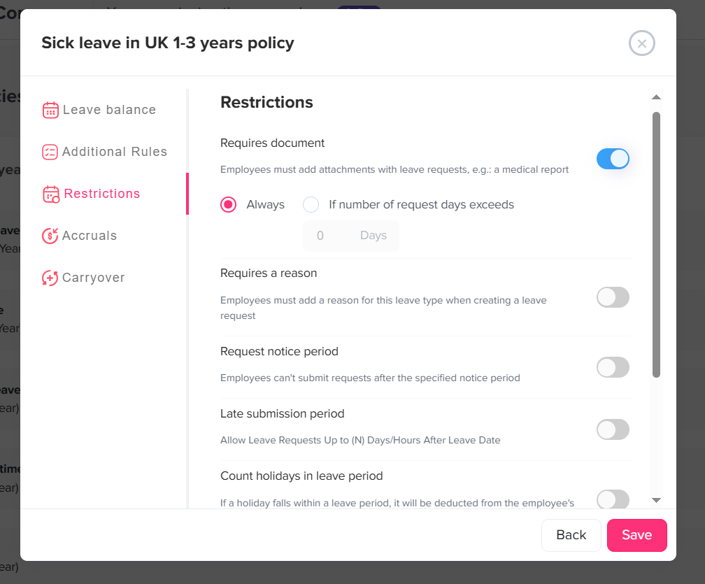 Day Off app screenshot showing the Sick Leave in UK 1-3 years policy modal on the Restrictions tab. Options include Requires document (enabled, set to Always), Requires a reason (disabled), Request notice period (disabled), Late submission period (disabled), and Count holidays in leave period (disabled), with Back and Save buttons at the bottom.