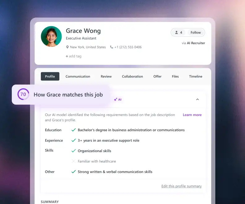 Screenshot of Workable recruiting software showing a candidate profile page with AI match score, profile tabs, and AI-powered job matching analysis