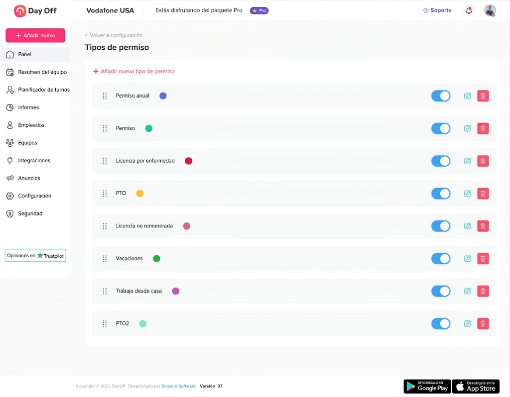 Interfaz de usuario de la aplicación Day Off mostrando el panel de configuración para gestionar los distintos tipos de permiso y licencias de los empleados.