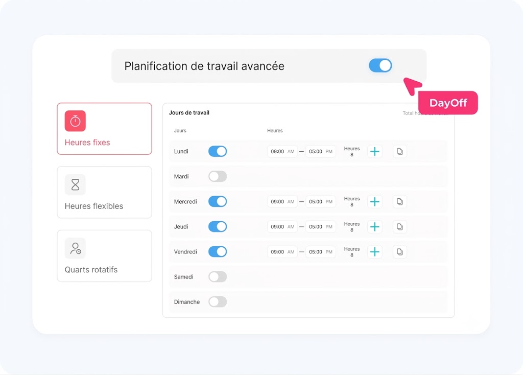 Page de paramétrage de l’application Day Off pour la planification de travail avancée