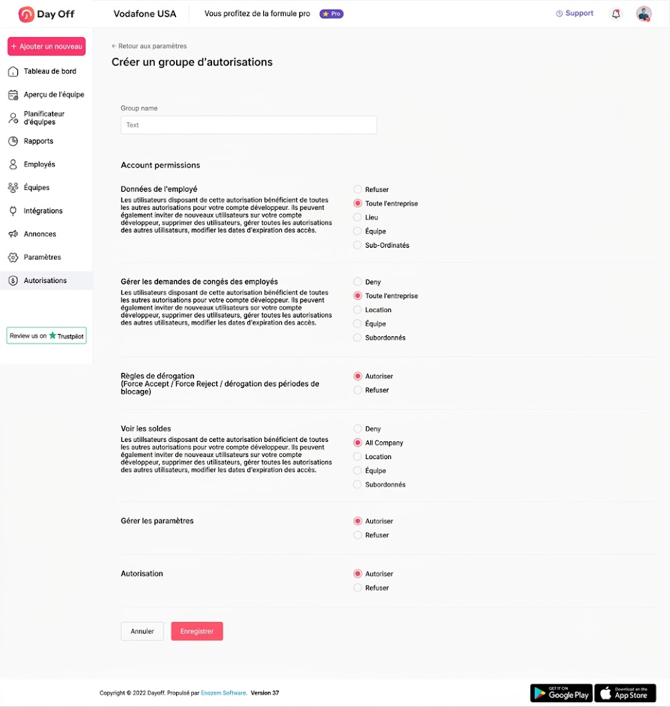 Capture d’écran de la page Créer un groupe d’autorisations de l’application Day Off en français