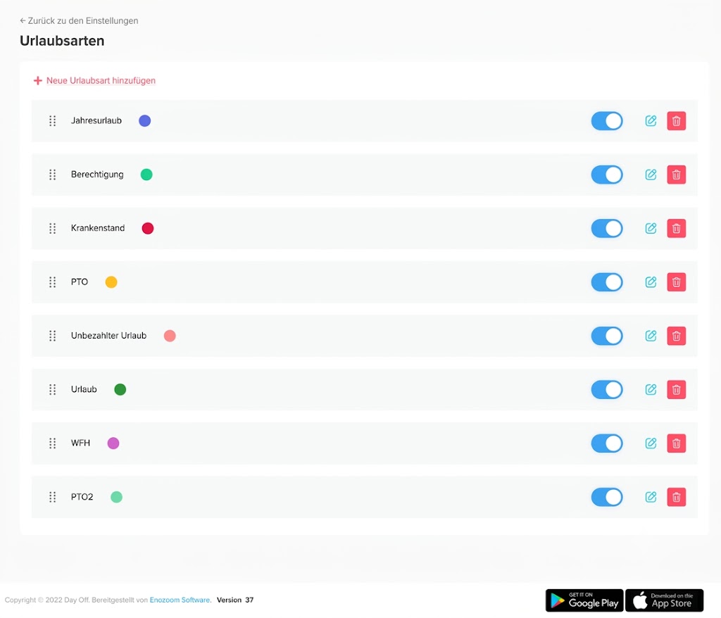 Ein Screenshot der Benutzeroberfläche der Day Off Software auf Deutsch. Die Seite listet verschiedene Urlaubsarten wie „Jahresurlaub“, „Krankenstand“, „Urlaub“, „WFH“ und „PTO“ auf. Jede Zeile enthält einen farbigen Punkt zur Kennzeichnung, einen Aktivierungsschalter sowie Symbole zum Bearbeiten und Löschen. Am oberen Rand befindet sich die Schaltfläche „Neue Urlaubsart hinzufügen“.