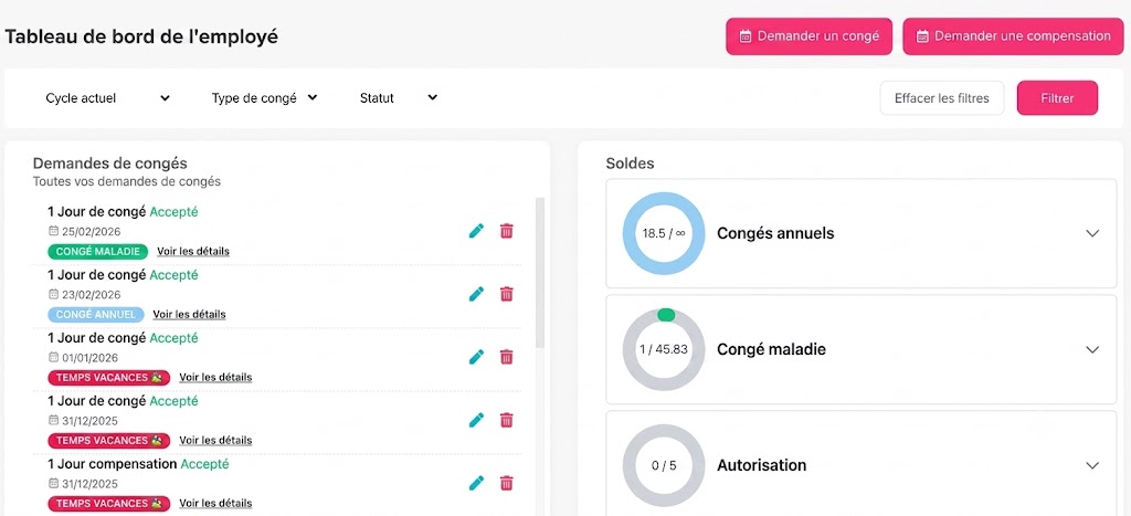 Capture d’écran du tableau de bord de gestion des congés pour les employés, version française