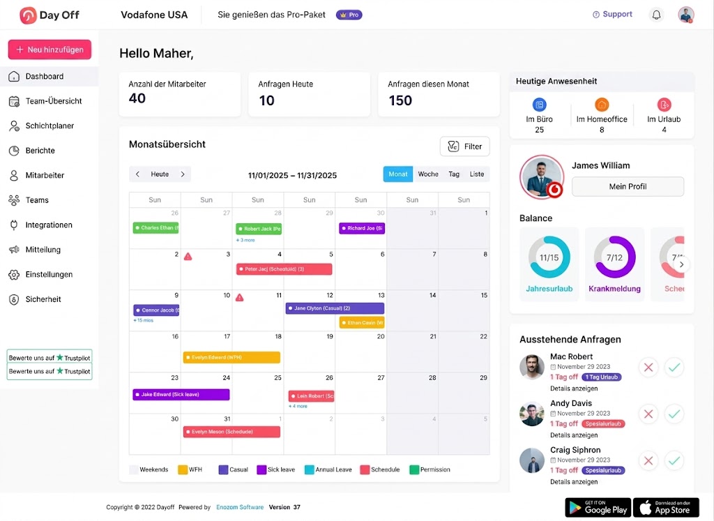 Ein Screenshot der Day Off-App auf Deutsch, der das Dashboard für die Urlaubsverwaltung zeigt. Die Benutzeroberfläche umfasst eine Seitenleiste mit Menüoptionen wie Team-Übersicht und Schichtplaner, eine Monatsübersicht im Kalenderformat mit farbigen Markierungen für verschiedene Abwesenheitsarten, sowie Abschnitte für die heutige Anwesenheit, das Urlaubskonto von James William und ausstehende Urlaubsanträge.