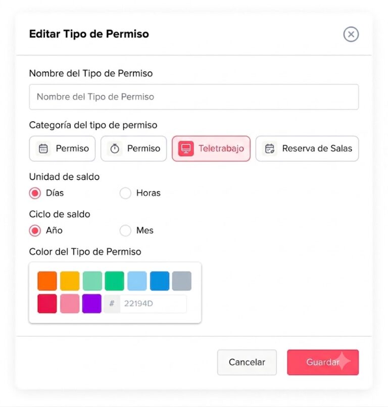 Screenshot of the Day Off app's Spanish 'Editar Tipo de Permiso' screen showing the permission type name field, category options, and balance unit selection