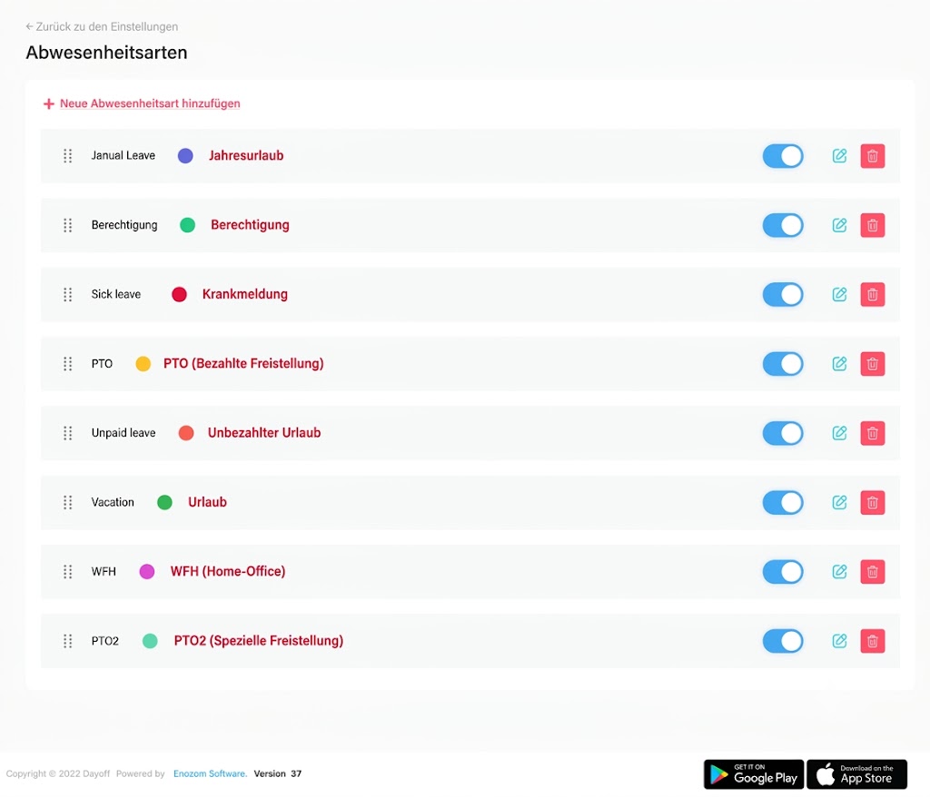 Einstellung der Abwesenheitsarten in der Day Off App