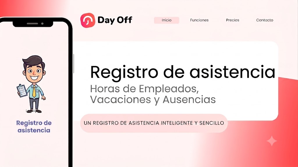 Aplicación de Registro de Asistencia para el Control de Horas de Trabajo, PTO y Ausencias de los Empleados 8 Sección de héroe de la web de Day Off, con un iPhone y texto sobre el registro de asistencia de empleados