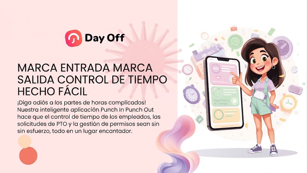 Imagen promocional de la aplicación Day Off con texto traducido al español e ilustración de una mujer señalando un teléfono inteligente. Fichaje de Entrada y Salida