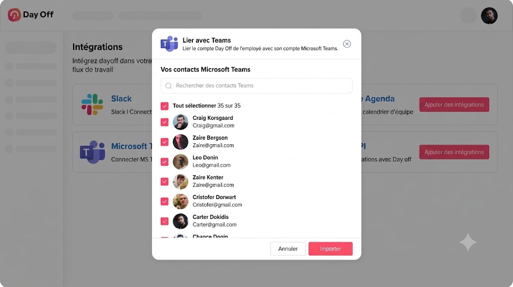 Capture d'écran de l'interface Day Off affichant une fenêtre 'Lier avec Teams' avec une liste de contacts Microsoft Teams sélectionnés, un champ de recherche et des boutons d'action.