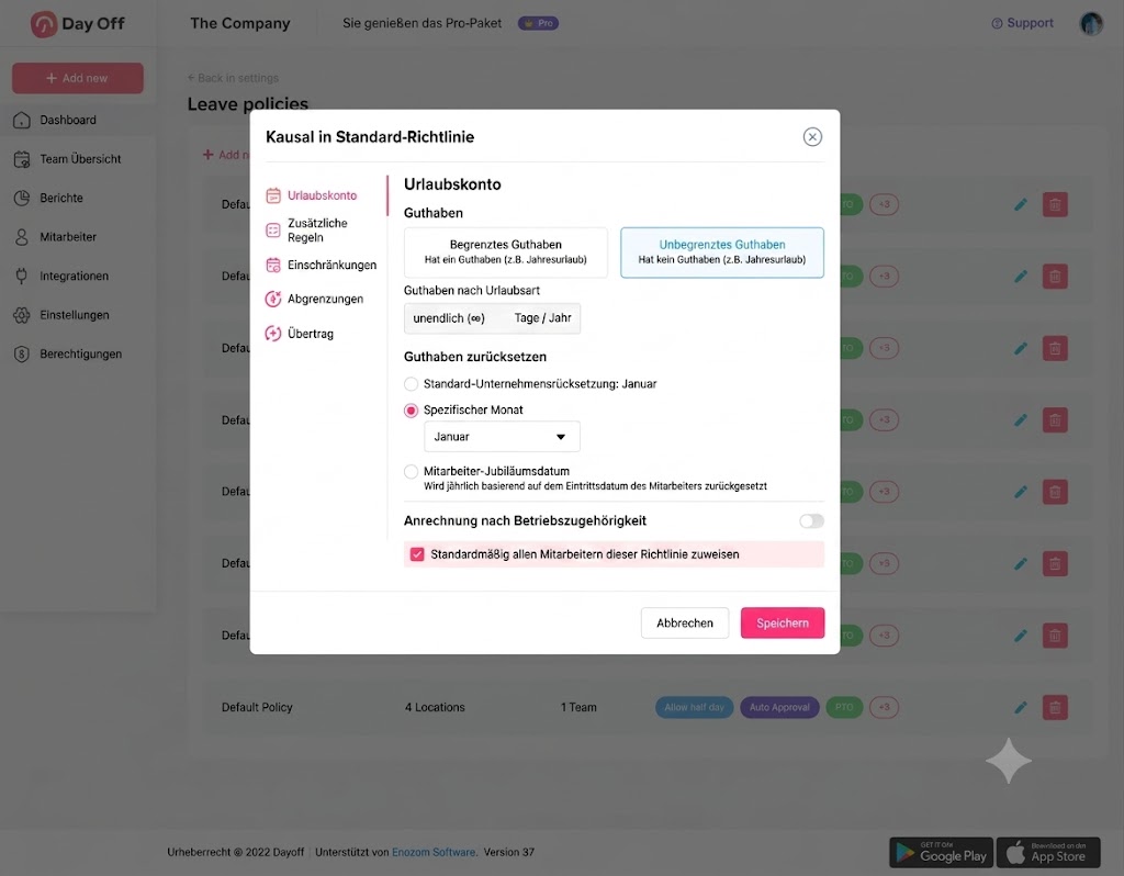 Ein Screenshot der Day Off-App auf Deutsch, der ein modales Fenster mit dem Titel „Kausal in Standard-Richtlinie“ zeigt. Das Fenster ist im Abschnitt „Urlaubskonto“ geöffnet und bietet Optionen zur Konfiguration des Guthabens, darunter unbegrenztes oder begrenztes Guthaben, Einstellungen zum Zurücksetzen des Guthabens (z. B. im Januar oder zum Jubiläumsdatum des Mitarbeiters) und die Möglichkeit, die Richtlinie allen Mitarbeitern standardmäßig zuzuweisen. Im Hintergrund ist die Hauptübersicht der Urlaubsrichtlinien zu sehen.