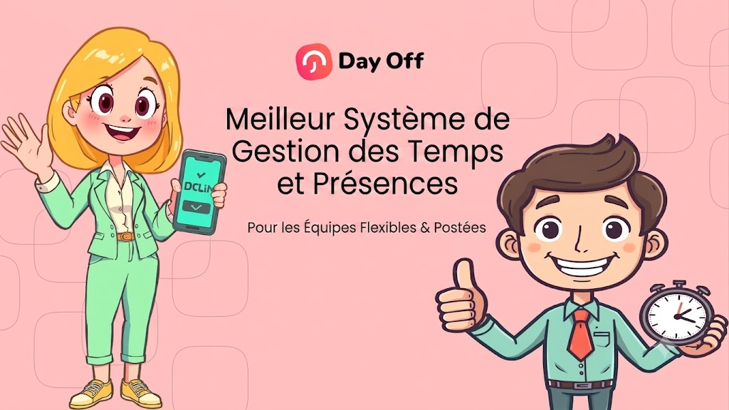 Meilleur système de gestion des présences, Illustration de deux employés souriants sur fond rose présentant l'application Day Off, le meilleur système de gestion des temps et présences pour les équipes flexibles et postées.