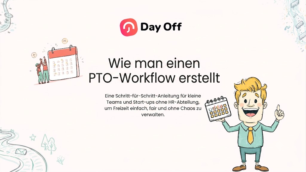 Grafik der „Day Off“-App mit dem deutschen Titel „Wie man einen PTO-Workflow erstellt“. Der Text beschreibt eine Schritt-für-Schritt-Anleitung für kleine Teams und Start-ups zur einfachen Urlaubsverwaltung. Flankiert wird der Text von verspielten Illustrationen eines Kalenders und einer lächelnden Zeichentrickfigur, die einen Kalender hochhält.