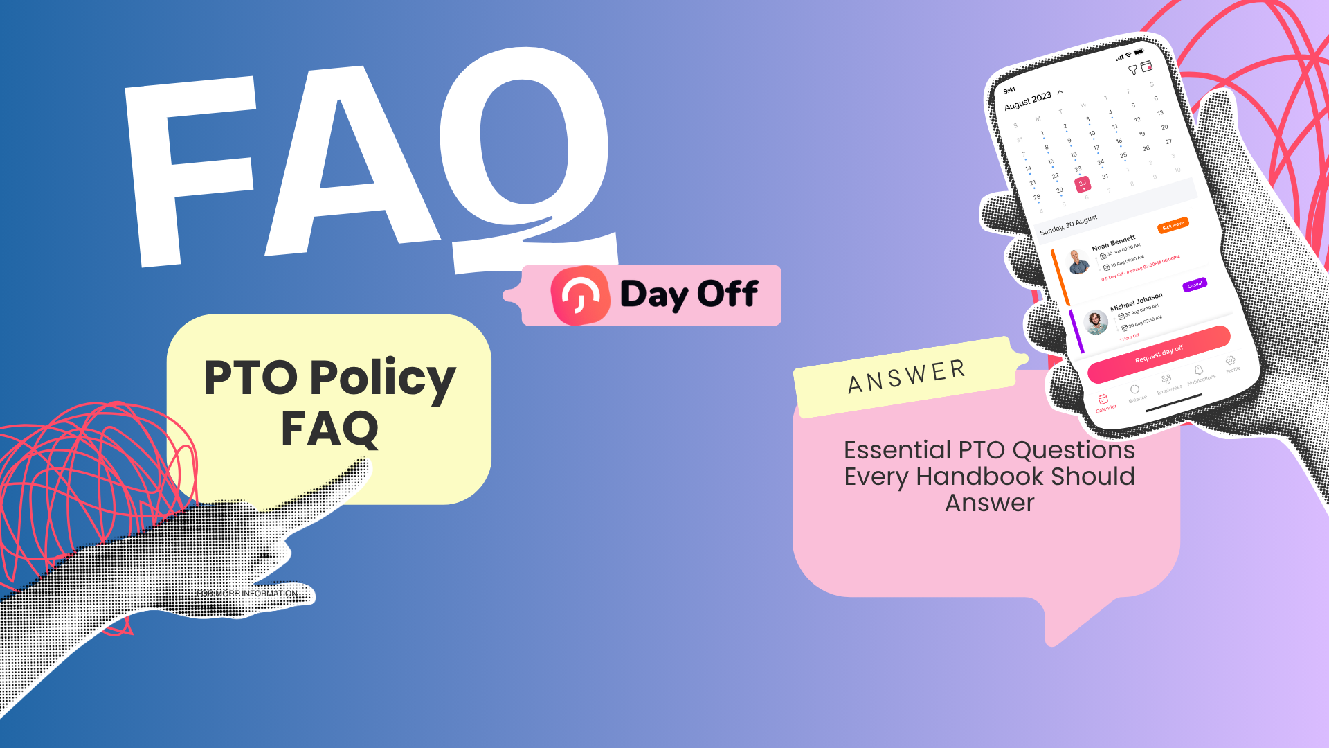 Blue Pink and Yellow Modern FAQ Facebook Post PTO Policy FAQ: Questions Every Employee Handbook Should Answer