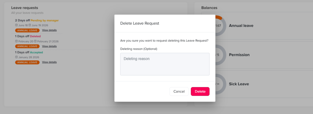 Day Off confirmation window for deleting a leave request with an optional reason field.