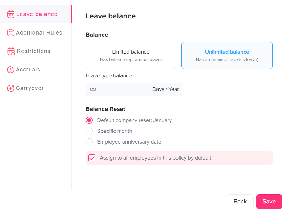 Screenshot of the Day Off app leave type settings on the Leave balance tab, with Unlimited balance selected, Leave type balance showing an infinity symbol for Days/Year, and Balance Reset set to Default company reset: January