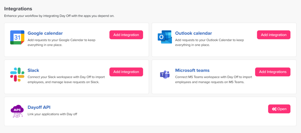 Screenshot of the Day Off app's Integrations page with 'Add integration' options for Google Calendar, Outlook Calendar, Slack, Microsoft Teams, and the Day Off API