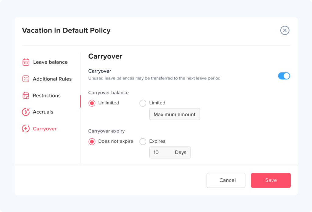 Screenshot of the Day Off app "Vacation in Default Policy" settings dialog on the Carryover tab, showing Carryover enabled, Carryover balance set to Unlimited, and Carryover expiry set to Does not expire