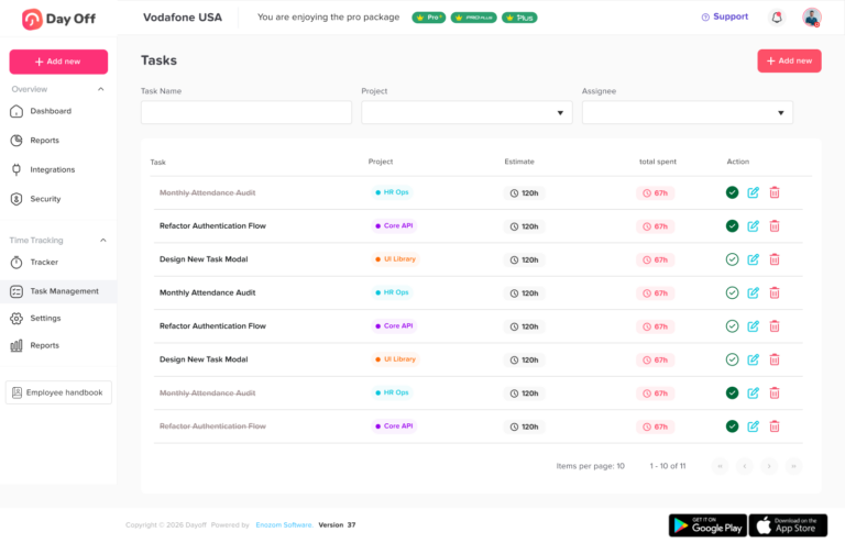 Screenshot of the Day Off app's Task Management page listing tasks with project, estimate, and time-spent columns