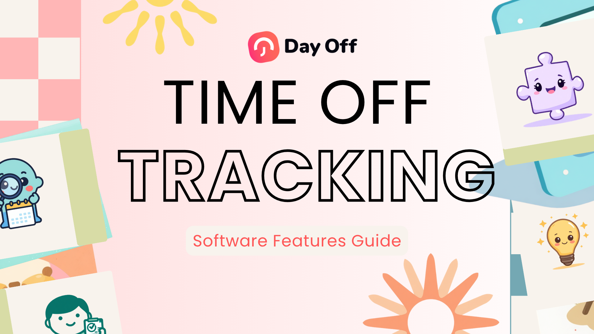 Time Off Tracking blog cover for Day Off software features guide with playful illustrations.