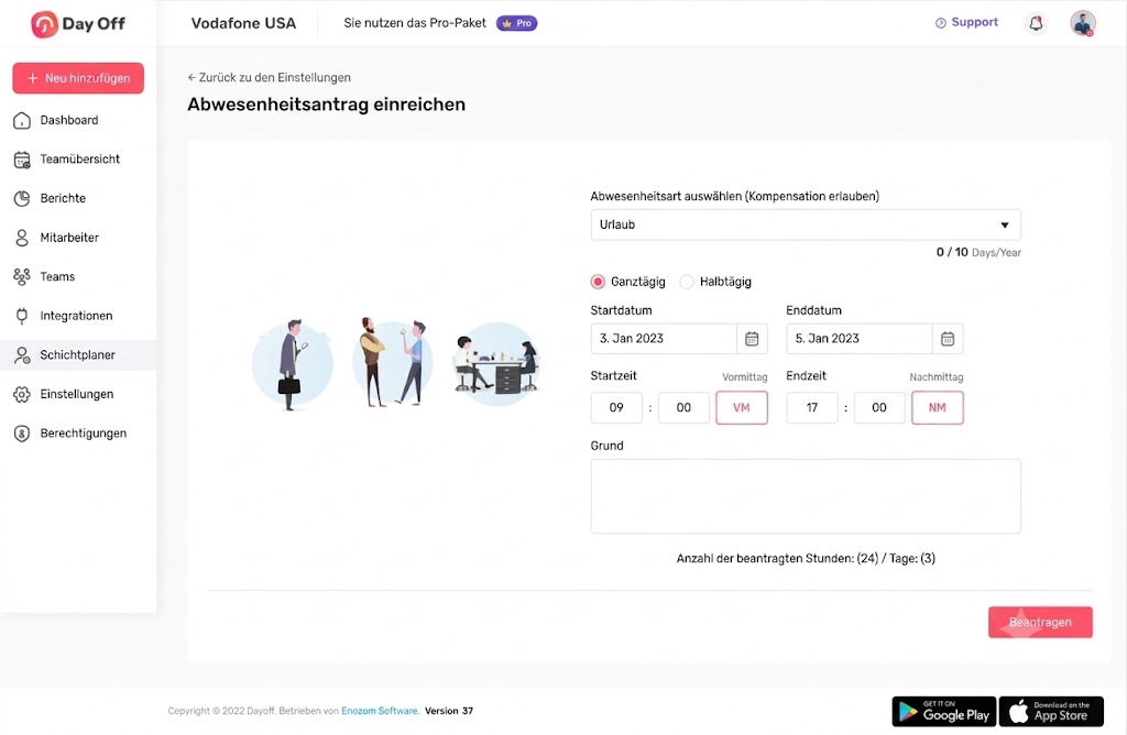 Ein Screenshot der deutschsprachigen Benutzeroberfläche von Day Off, der das Online-Formular zum Einreichen eines Abwesenheitsantrags („Urlaub“) mit Feldern für Datum, Uhrzeit und Grund zeigt.