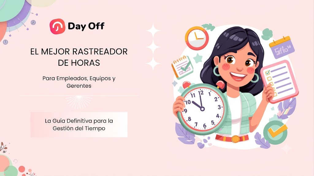 Rastreador de Horas Ilustración de una mujer sonriente sosteniendo un gran reloj y una lista de verificación, acompañada de texto que promociona a Day Off como el mejor rastreador de horas para empleados, equipos y gerentes.