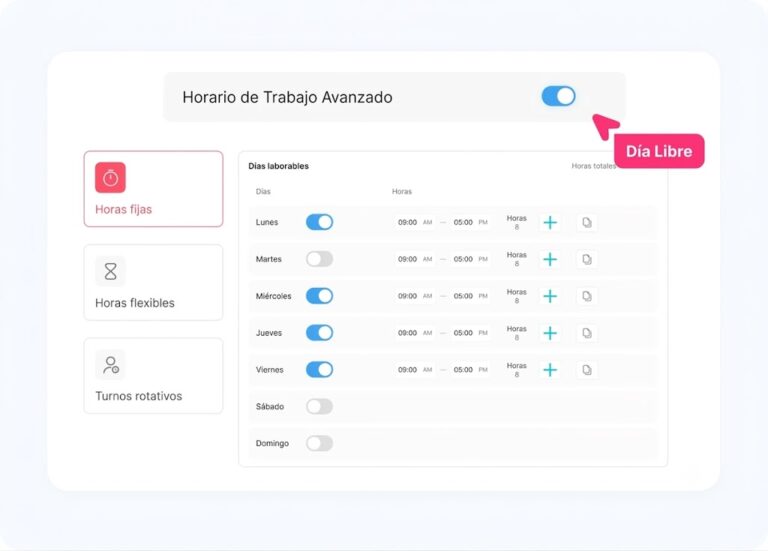Screenshot of the Day Off app's Spanish 'Horario de Trabajo Avanzado' screen showing weekly working-hours toggles for each day and a 'Día Libre' tooltip