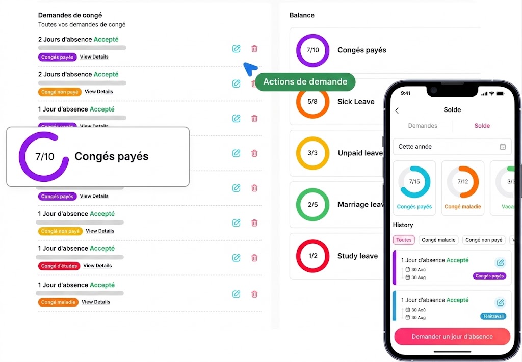 Tableau de bord web et écran de smartphone affichant le solde et l'historique des demandes de congé en français.
