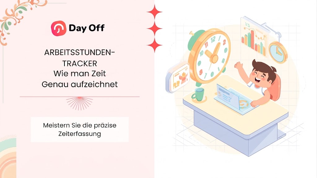 Grafik zur präzisen Zeiterfassung mit einem funktionierenden Mitarbeiter am Schreibtisch.