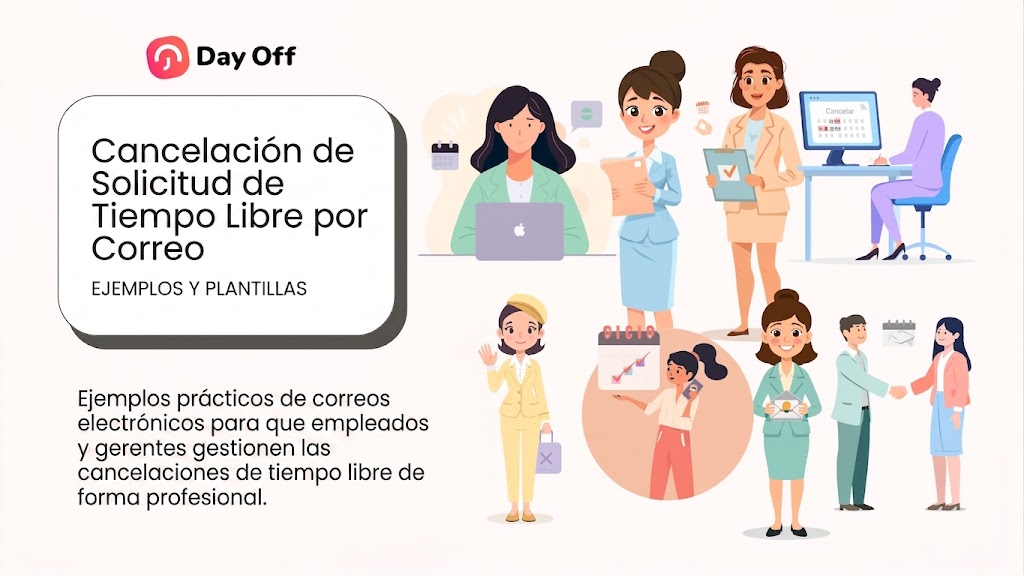 Gráfico de la aplicación Day Off sobre plantillas de correo para cancelar tiempo libre, mostrando ilustraciones de varios trabajadores de oficina.