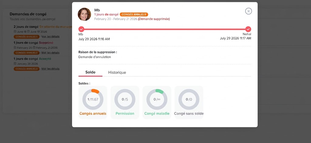 Capture d'écran de l'interface affichant les détails d'une demande de congé annulée et le solde des congés.