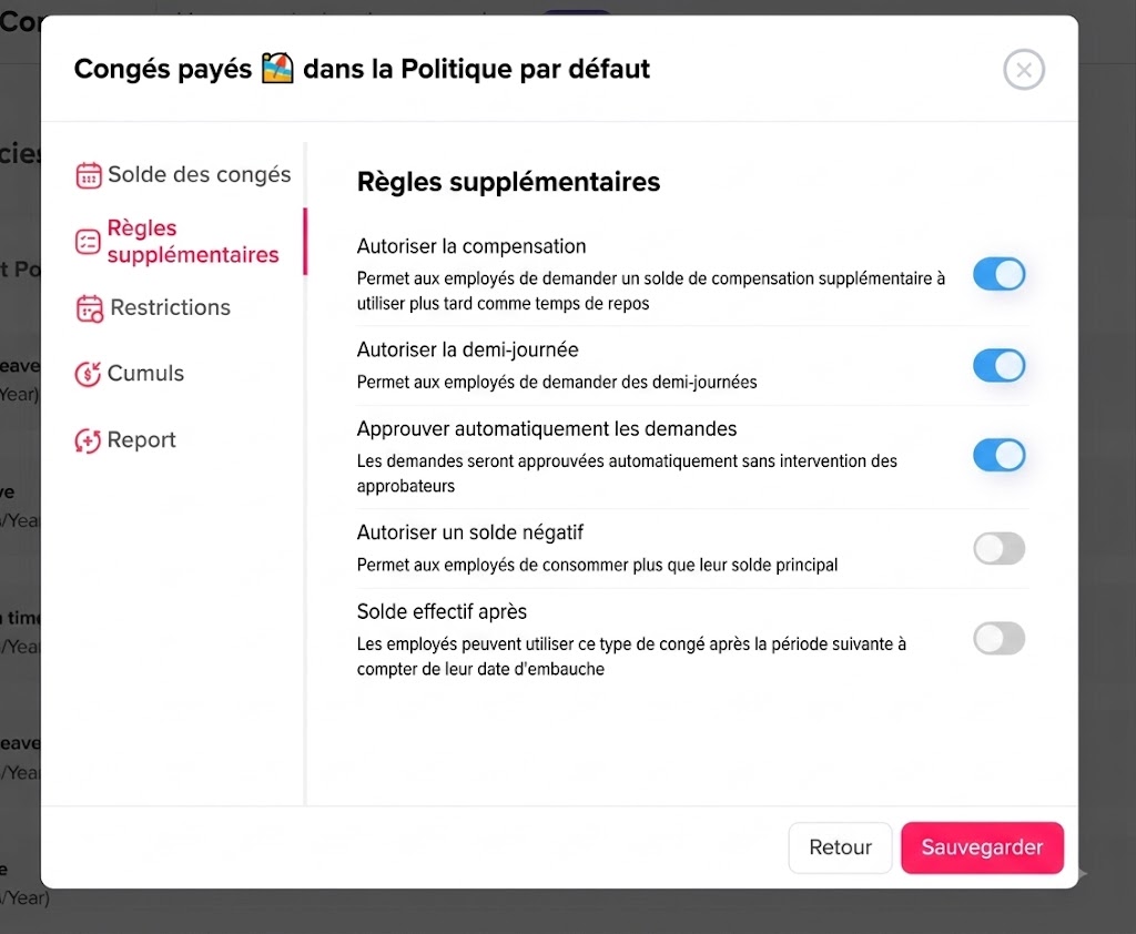 Fenêtre de paramètres d'application pour les règles de congés payés.