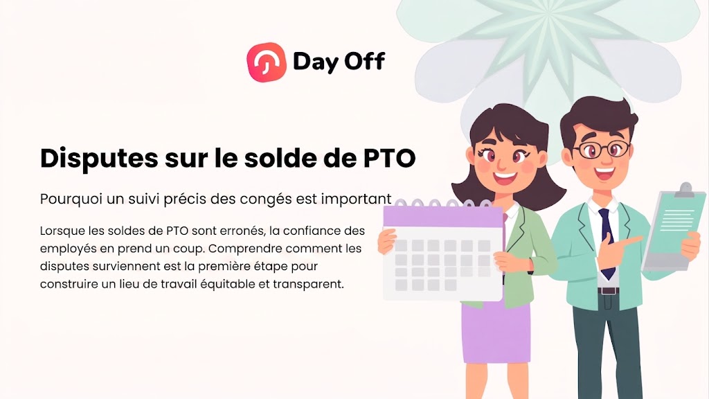 Litiges relatifs aux soldes de congés payés (PTO) Deux employés tenant un calendrier et un bloc-notes pour discuter de la gestion des congés.