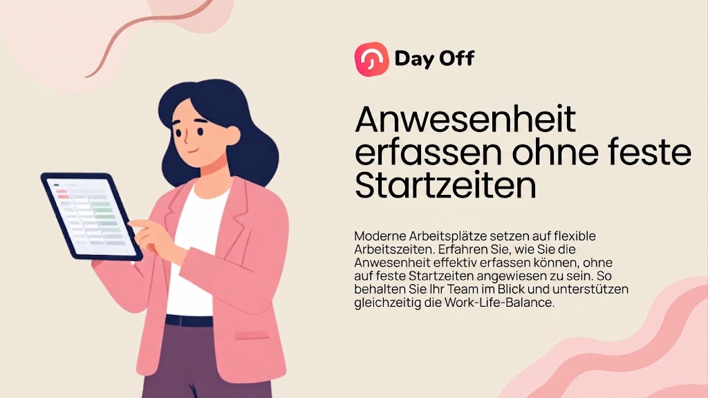 Eine Frau bedient ein Tablet neben einem deutschen Infotext zur effektiven Zeiterfassung ohne feste Startzeiten.