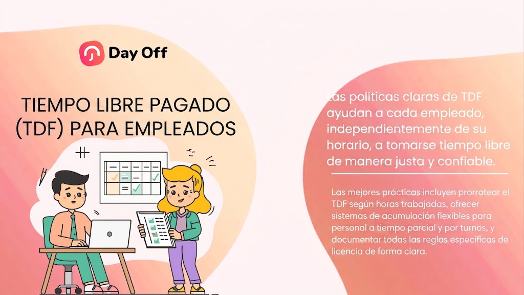 Ilustración gráfica de un hombre trabajando en una computadora portátil y una mujer revisando un documento frente a un gran calendario, con texto explicativo sobre los beneficios y las mejores prácticas del tiempo libre pagado (TDF).