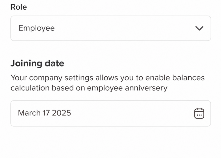 Screenshot of the Day Off app's employee profile settings showing Role set to Employee and a Joining date field with an anniversary-based balance calculation note