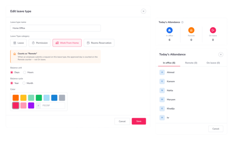 Screenshot of the Day Off app's Edit leave type panel configuring a "Home Office" leave type, alongside a Today's Attendance widget showing counts for in office, remote, and on leave employees